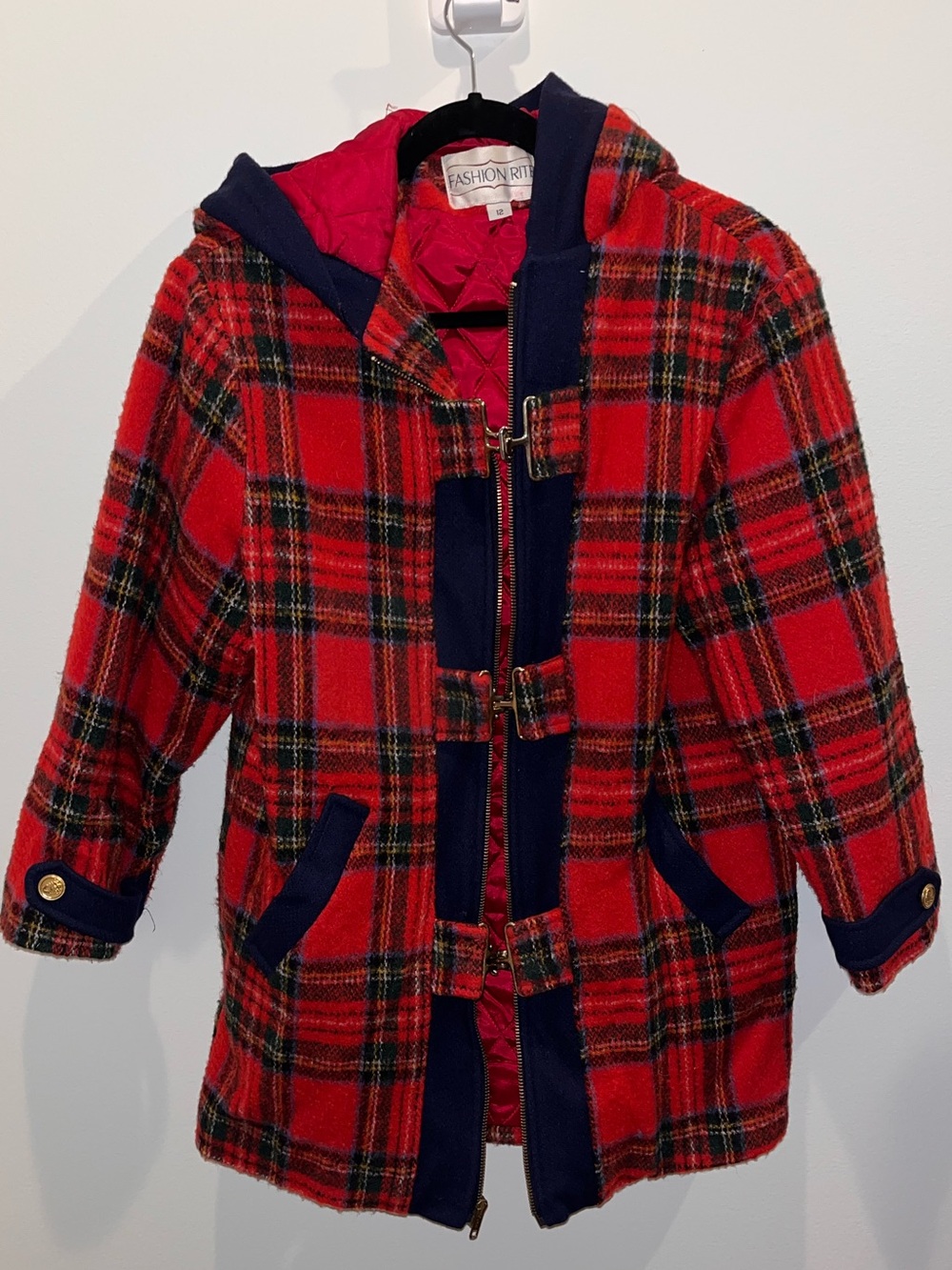 Red Plaid Hooded Pea Coat with Navy Trim